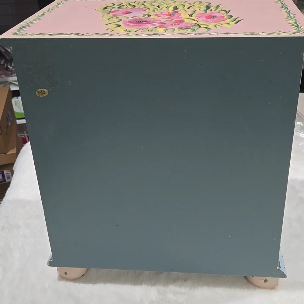 Hand painted jewelry chest blue, pink, yea, gold, peach